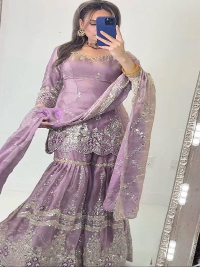 Festive Embroidered Silk Gharara Suit with Sequin Work