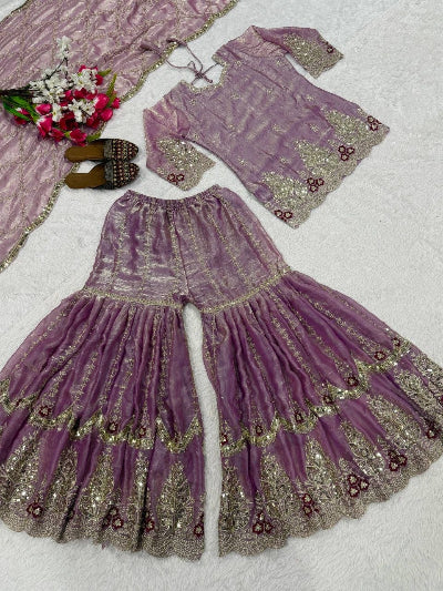 Festive Embroidered Silk Gharara Suit with Sequin Work