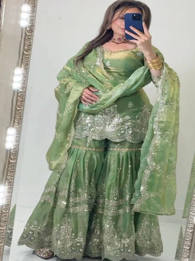 Festive Embroidered Silk Gharara Suit with Sequin Work
