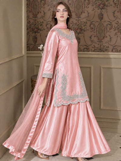 Embroidered Silk Sharara Palazzo Suit with Kundan Organza Dupatta