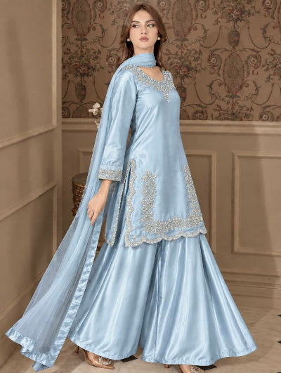 Embroidered Silk Sharara Palazzo Suit with Kundan Organza Dupatta