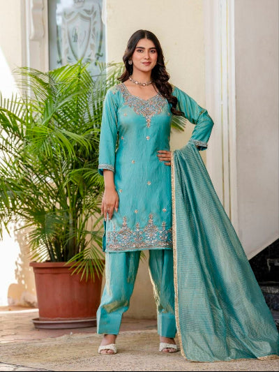 Ice Blue Satin Silk Bead Work Farshi Suit Set