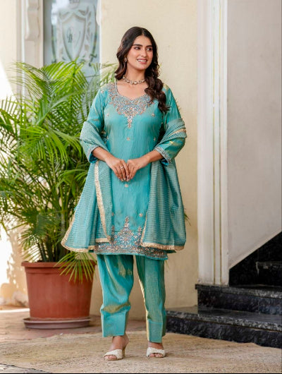 Ice Blue Satin Silk Bead Work Farshi Suit Set