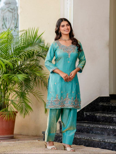 Ice Blue Satin Silk Bead Work Farshi Suit Set