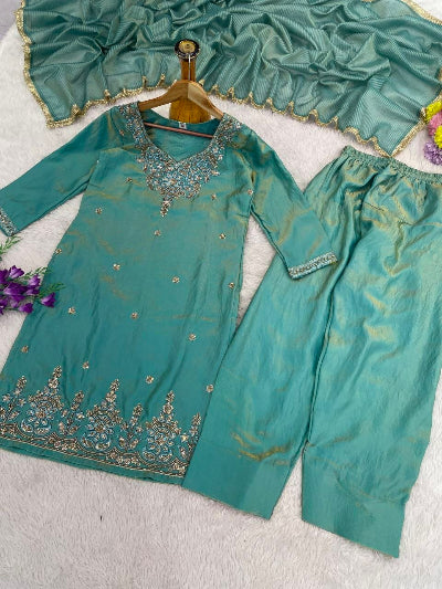 Ice Blue Satin Silk Bead Work Farshi Suit Set