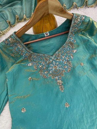 Ice Blue Satin Silk Bead Work Farshi Suit Set