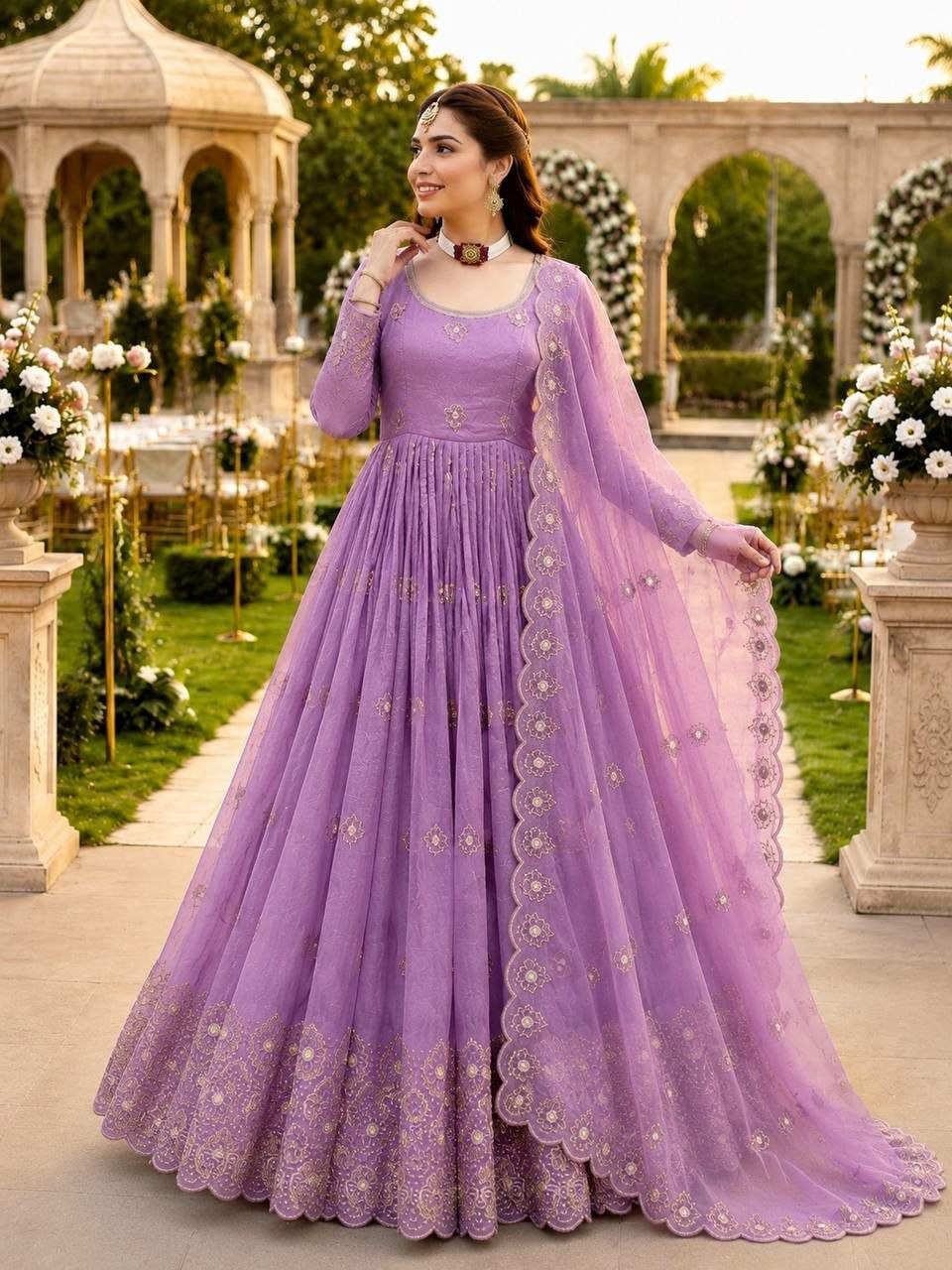 Lilac Gold Embroidered Gown Dupatta Set Of 2- 3 Colours