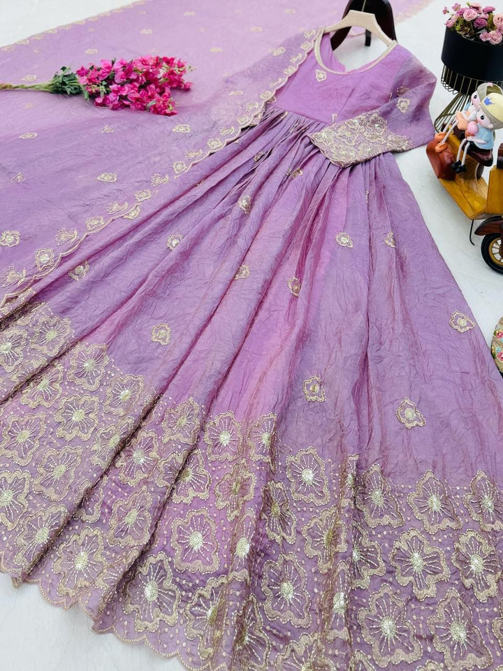Lilac Gold Embroidered Gown Dupatta Set Of 2- 3 Colours