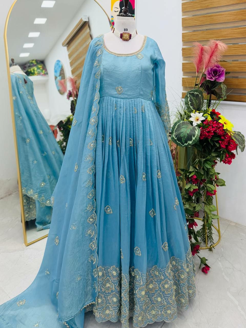 Lilac Gold Embroidered Gown Dupatta Set Of 2- 3 Colours