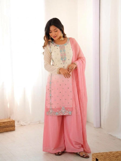 Pastel Georgette Embroidery Palazzo Set- 2 Colours