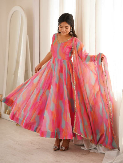 Pink Multi Colour Organza Sleeveless Anarkali Suit