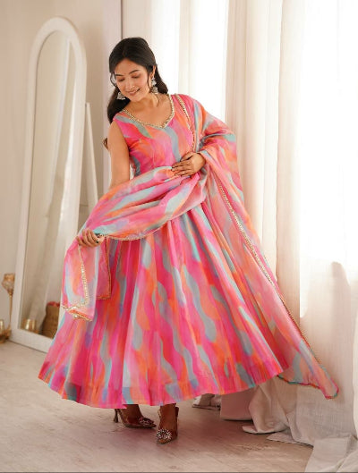 Pink Multi Colour Organza Sleeveless Anarkali Suit