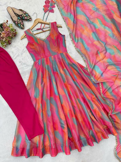 Pink Multi Colour Organza Sleeveless Anarkali Suit