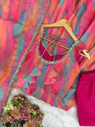 Pink Multi Colour Organza Sleeveless Anarkali Suit