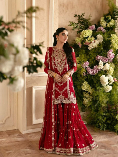 Red Wedding Wear Georgette Embroidered Sharara Suit