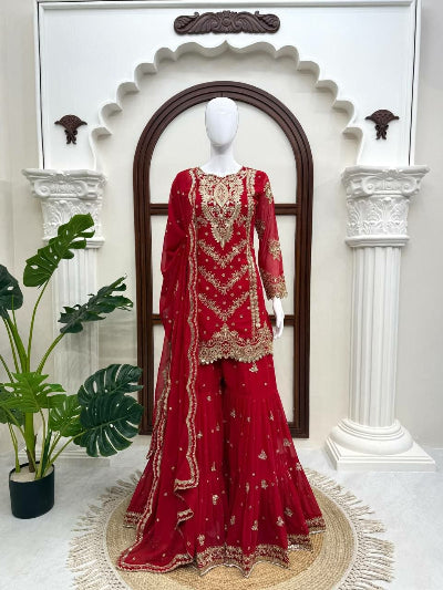 Red Wedding Wear Georgette Embroidered Sharara Suit