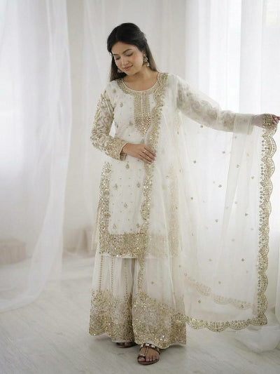 Classic White Embroidery Sequence Work Sharara Suit