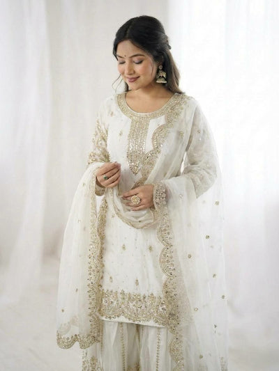 Classic White Embroidery Sequence Work Sharara Suit