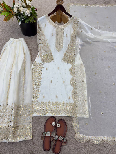 Classic White Embroidery Sequence Work Sharara Suit