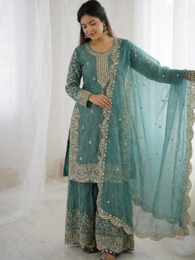 Seablue Embroidery Sequence Work Sharara Suit UK Next Day