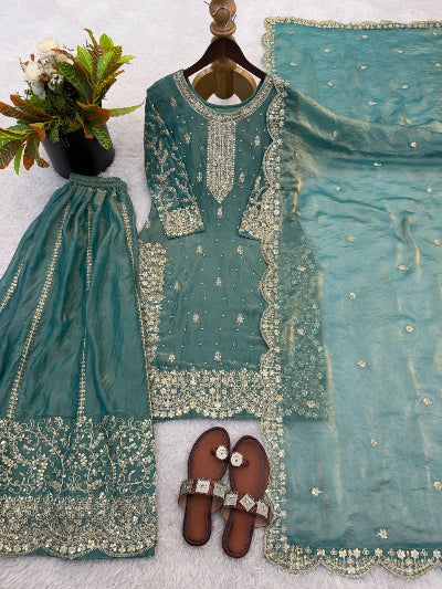 Seablue Embroidery Sequence Work Sharara Suit UK Next Day