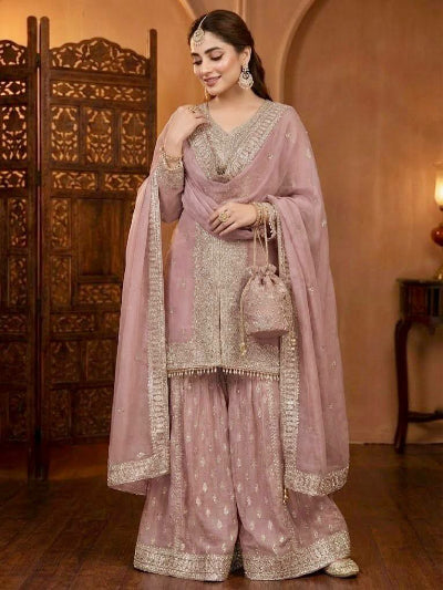 Pastel Pink Georgette Embroidered Gharara Suit