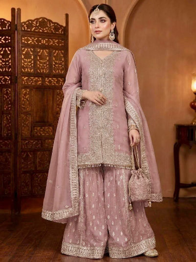 Pastel Pink Georgette Embroidered Gharara Suit