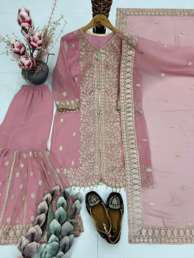 Pastel Pink Georgette Embroidered Gharara Suit