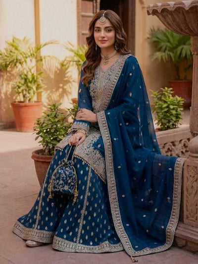 Navy Blue Georgette Embroidered Gharara Suit