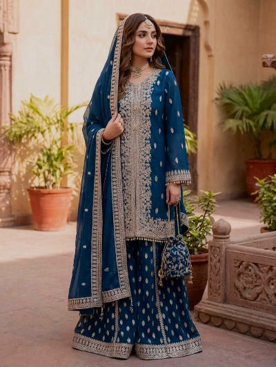 Navy Blue Georgette Embroidered Gharara Suit