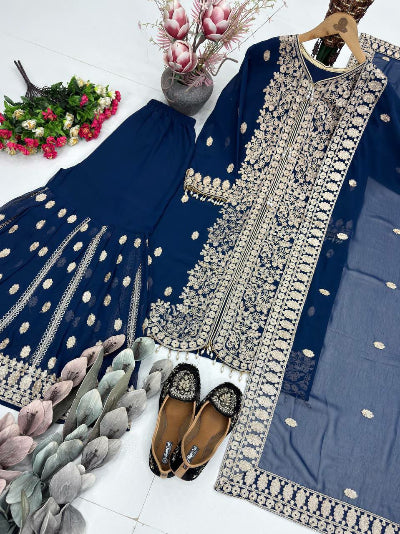 Navy Blue Georgette Embroidered Gharara Suit