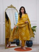 Mustard Yellow Chanderi Salwar Suit with Printed Dupatta - BONYHUBSALWAR KAMEEZ