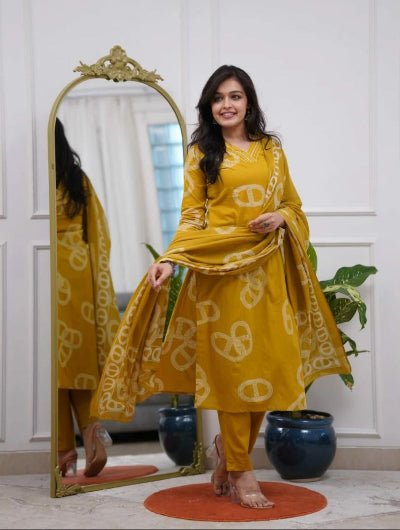 Mustard Yellow Chanderi Salwar Suit with Printed Dupatta - BONYHUBSALWAR KAMEEZ