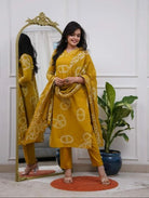 Mustard Yellow Chanderi Salwar Suit with Printed Dupatta - BONYHUBSALWAR KAMEEZ