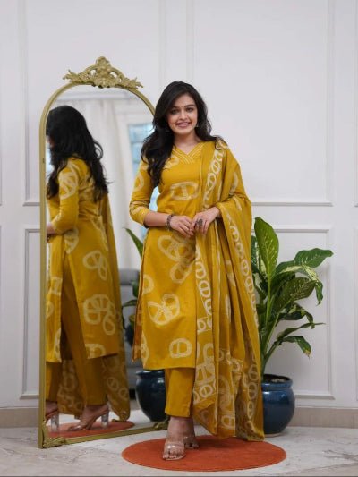 Mustard Yellow Chanderi Salwar Suit with Printed Dupatta - BONYHUBSALWAR KAMEEZ