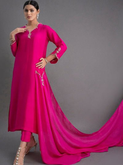 Hot Pink Plain Silk Blend Straight Suit Set - BONYHUBSALWAR KAMEEZ