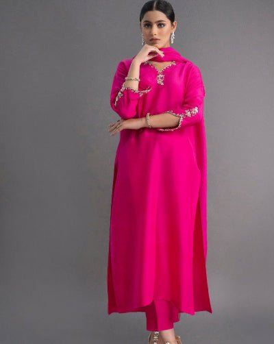 Hot Pink Plain Silk Blend Straight Suit Set - BONYHUBSALWAR KAMEEZ