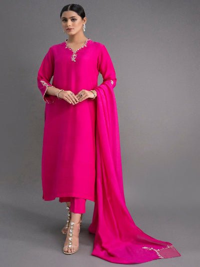 Hot Pink Plain Silk Blend Straight Suit Set - BONYHUBSALWAR KAMEEZ