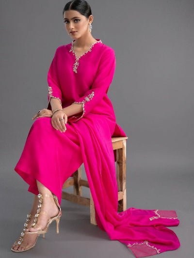 Hot Pink Plain Silk Blend Straight Suit Set - BONYHUBSALWAR KAMEEZ