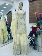 Cream Embroidery Sleeveless Sharara Suit Set - BONYHUBSALWAR KAMEEZ