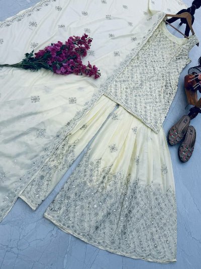 Cream Embroidery Sleeveless Sharara Suit Set - BONYHUBSALWAR KAMEEZ