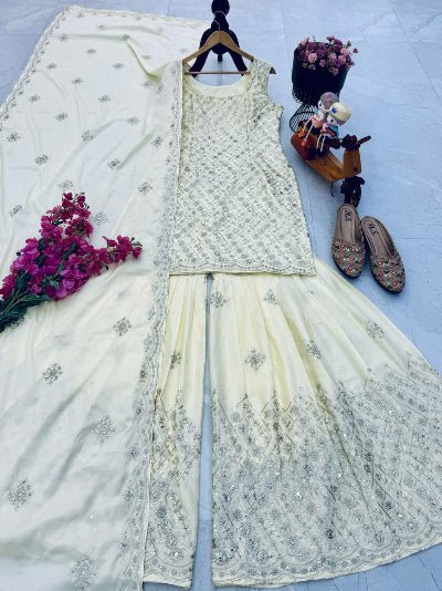Cream Embroidery Sleeveless Sharara Suit Set - BONYHUBSALWAR KAMEEZ