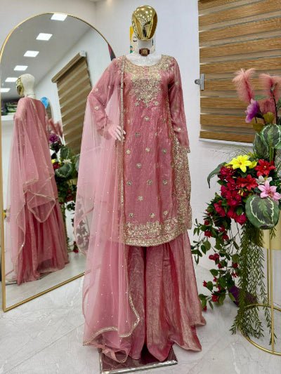 Blush Pink Embroidered Festive Sharara Palazzo Suit Set - BONYHUBSALWAR KAMEEZ