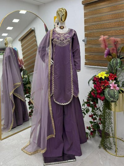Deep Lilac Roman Silk Sharara Palazzo Suit Set - BONYHUBSALWAR KAMEEZ