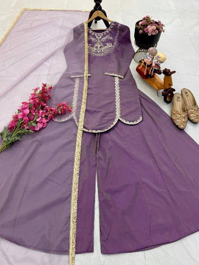Deep Lilac Roman Silk Sharara Palazzo Suit Set - BONYHUBSALWAR KAMEEZ
