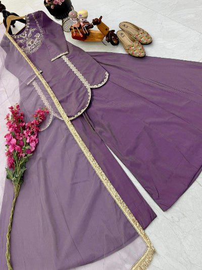 Deep Lilac Roman Silk Sharara Palazzo Suit Set - BONYHUBSALWAR KAMEEZ