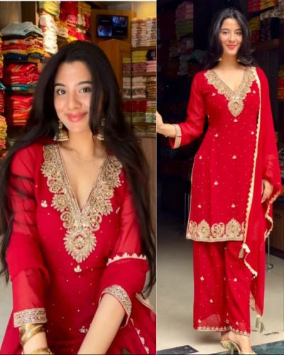 Hot Red Georgette Rivet Moti Work Salwar Suit Set - BONYHUBSALWAR KAMEEZ