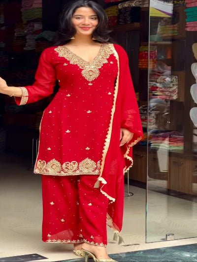 Hot Red Georgette Rivet Moti Work Salwar Suit Set - BONYHUBSALWAR KAMEEZ
