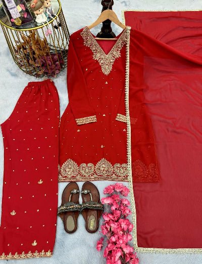 Hot Red Georgette Rivet Moti Work Salwar Suit Set - BONYHUBSALWAR KAMEEZ