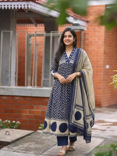 Indigo Blue Cotton Summer Anarkali Suit